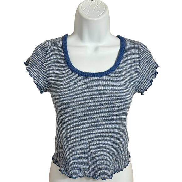 Abercrombie & Fitch Striped Blue Crop Top Sz XS Lettuce Trim Blouse Short Sleeve - Picture 7 of 7